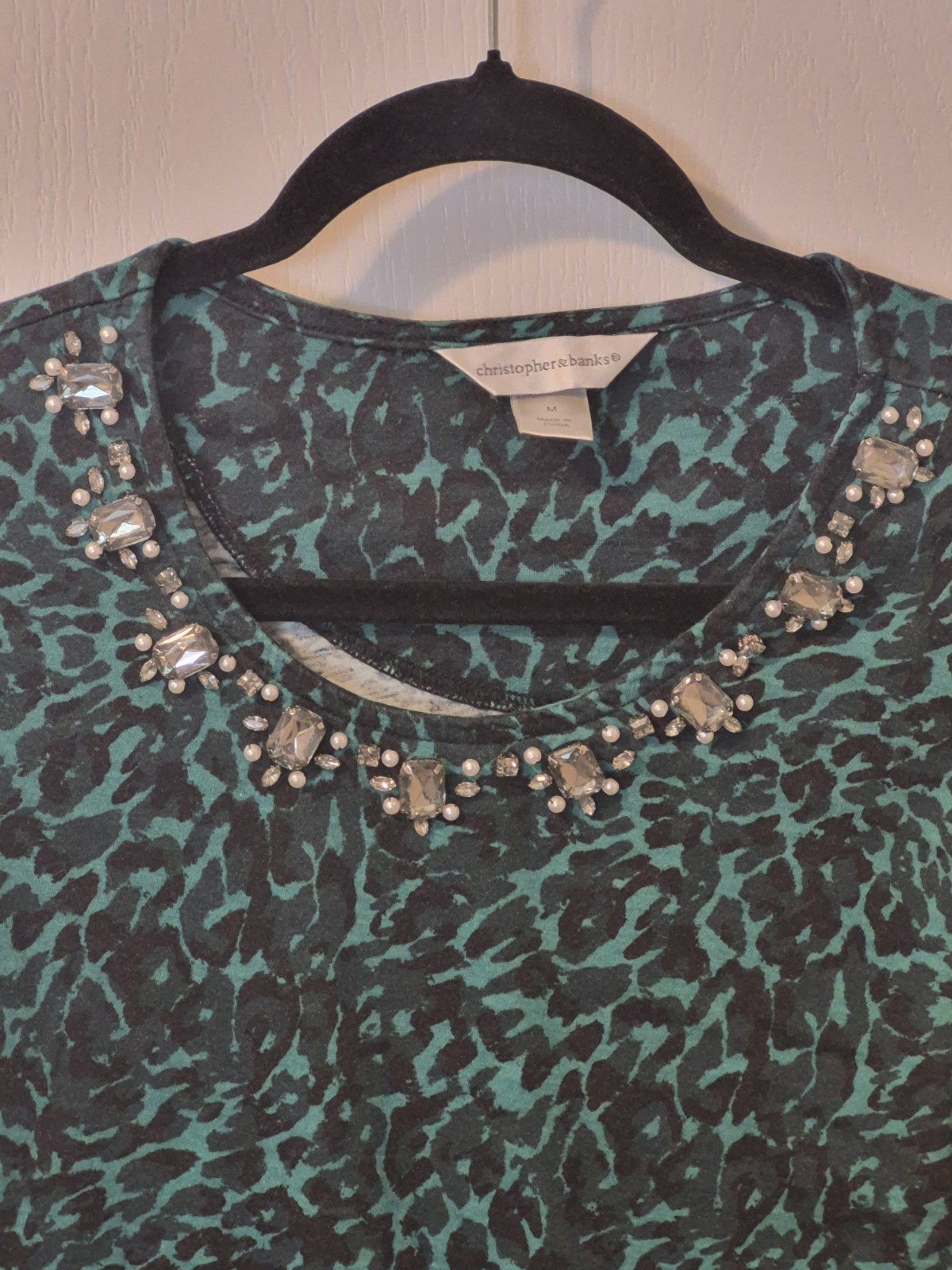 Embellish Jewel Teal Green Animal Cheetah Print Shirt Coastal Grandma Night Out