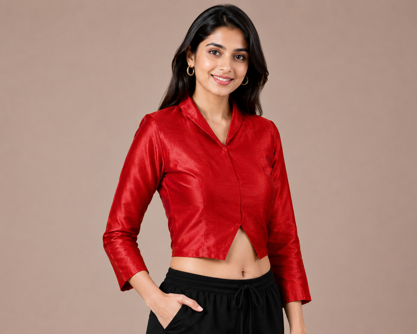 Women’s Dupion Silk Style Crop Blouse Collared Neck Ethnic Party Wear Top