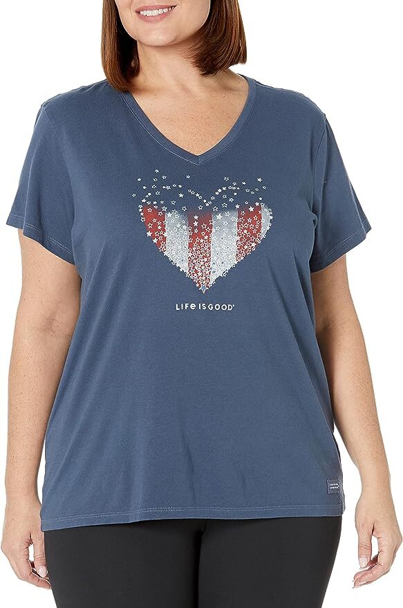 NWT Women’s Life is Good Heart Stars & Stripes USA Darkest Blue SS Crusher Vee