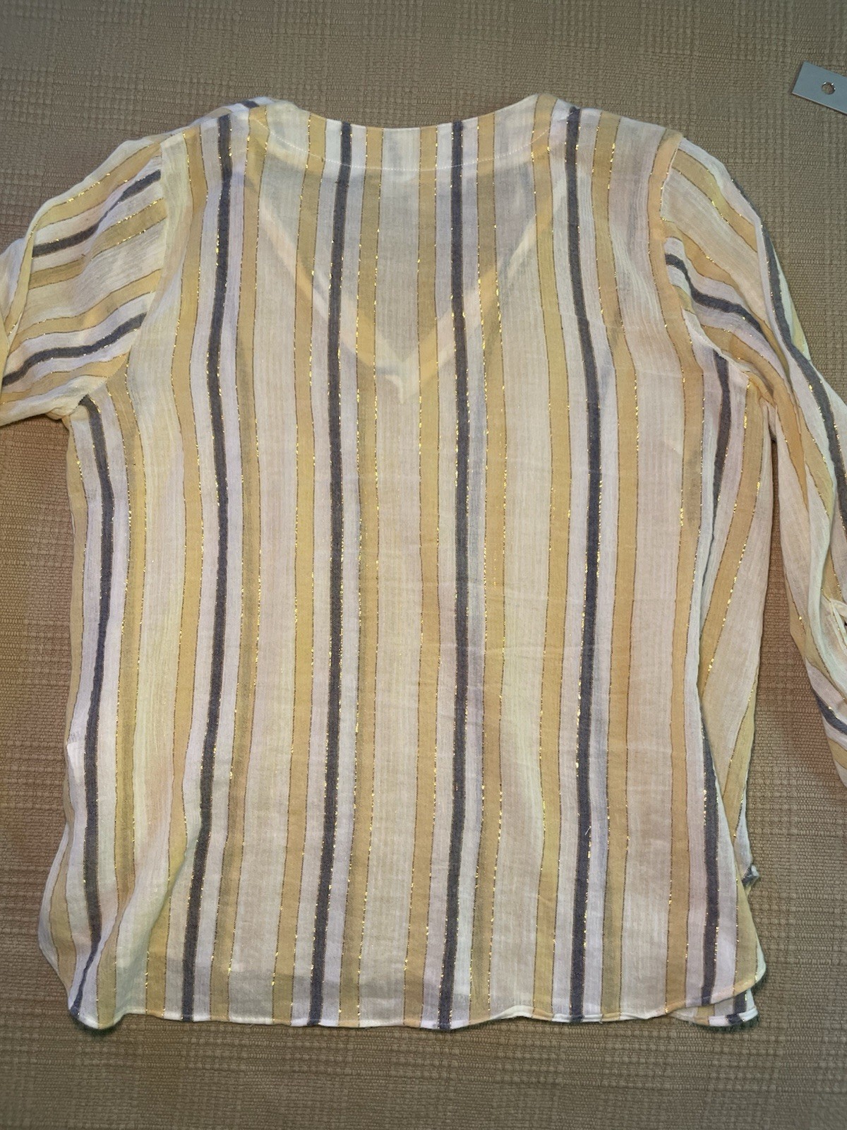 Michael Kors Women’s S Tie Sleeve Blouse Ivory/Gold/Metallic Striped Blouse