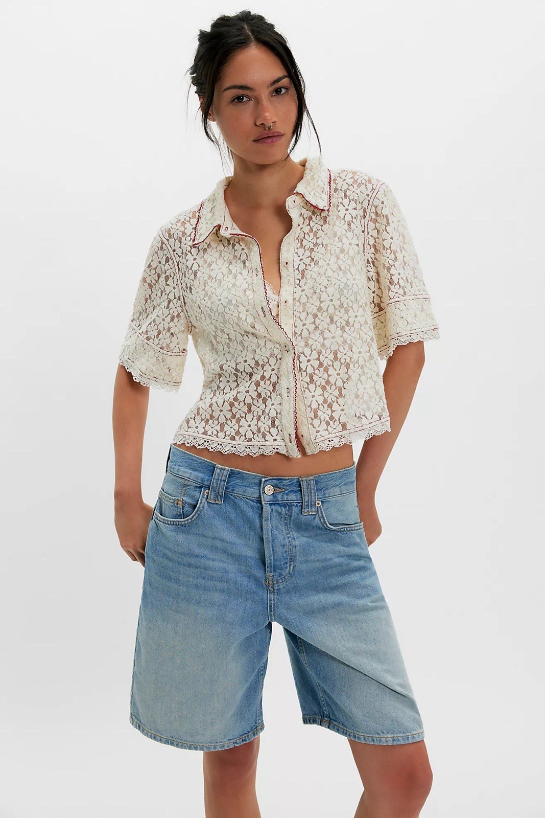 Free People Mannie Ivory Lace Collared Boxy Crop Button Down Shirt Top Small