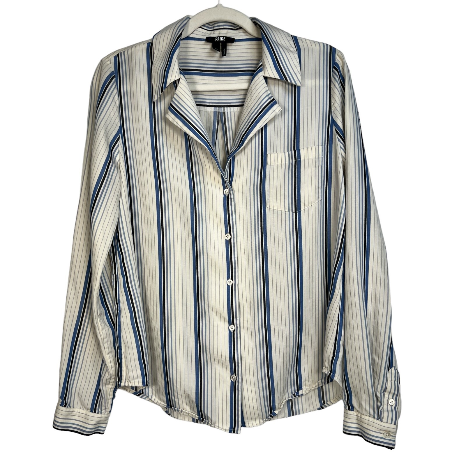 Paige Womens White Dream Blue Striped Notch Lapel Collar Button Up Shirt Size M