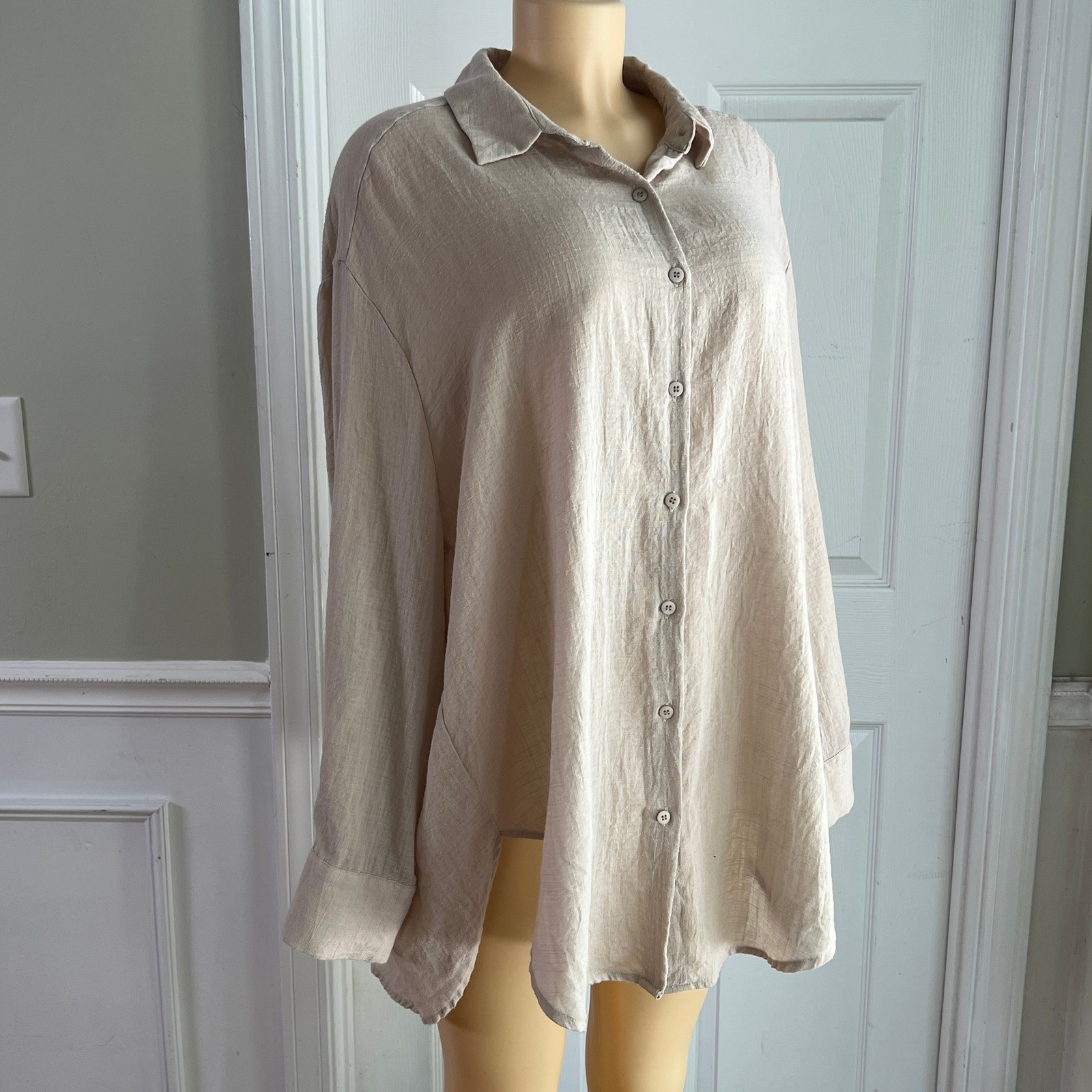 Oversized Button Down Shirt Sz L Women Beige Textured Cotton Tunic Coastal