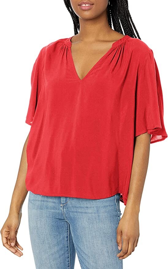VELVET By Graham & Spencer Jaycee Split Neck Blouse Top Strawberry S $99 D6