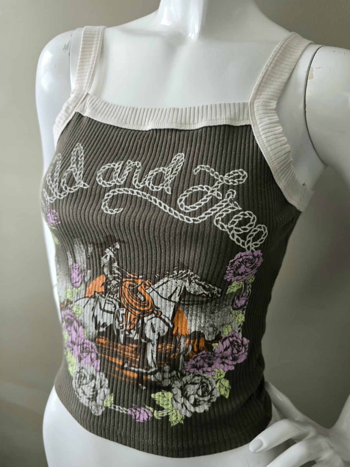 Stitch & Pine Crop Cowboy Tank Top Wild And Free Medium Ribbed Cotton Y2K