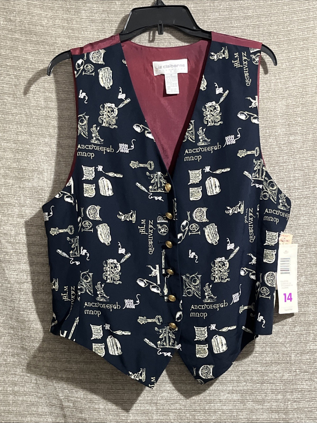 Vintage 80s 90s Liz Claiborne Teachers Alphabet Vest Calligraphy Women’s 14 New