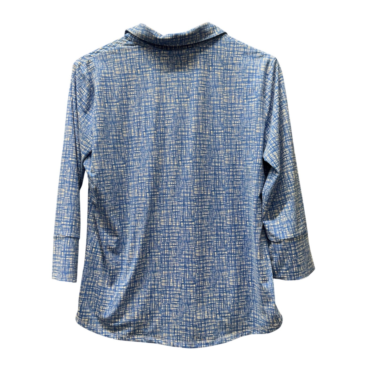 J McLaughlin Blouse Womens Large 3/4 Sleeve Blue Crosshatch Preppy Coastal Top