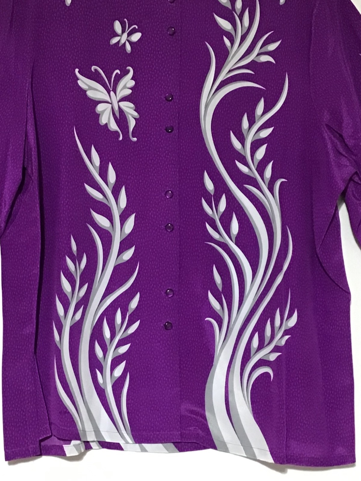 Vtg Bob Mackie Wearable Art Blouse 100% Silk Purple XL Butterflies Bird Artsy