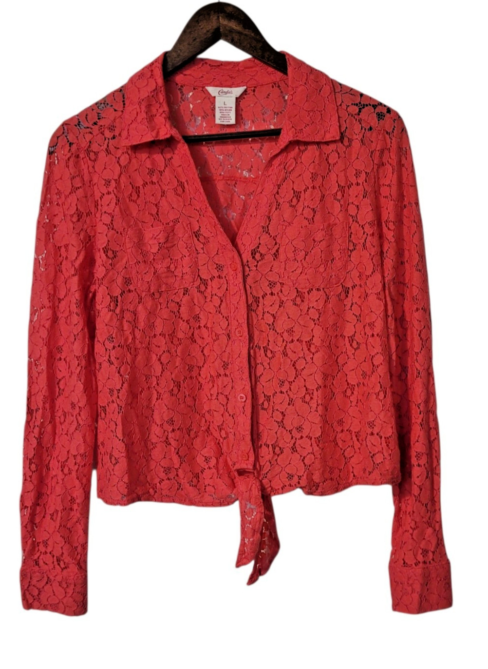 Candie’s L Salmon Pink Lace Blouse Y2K Festival Boho Tie Front Openwork Top