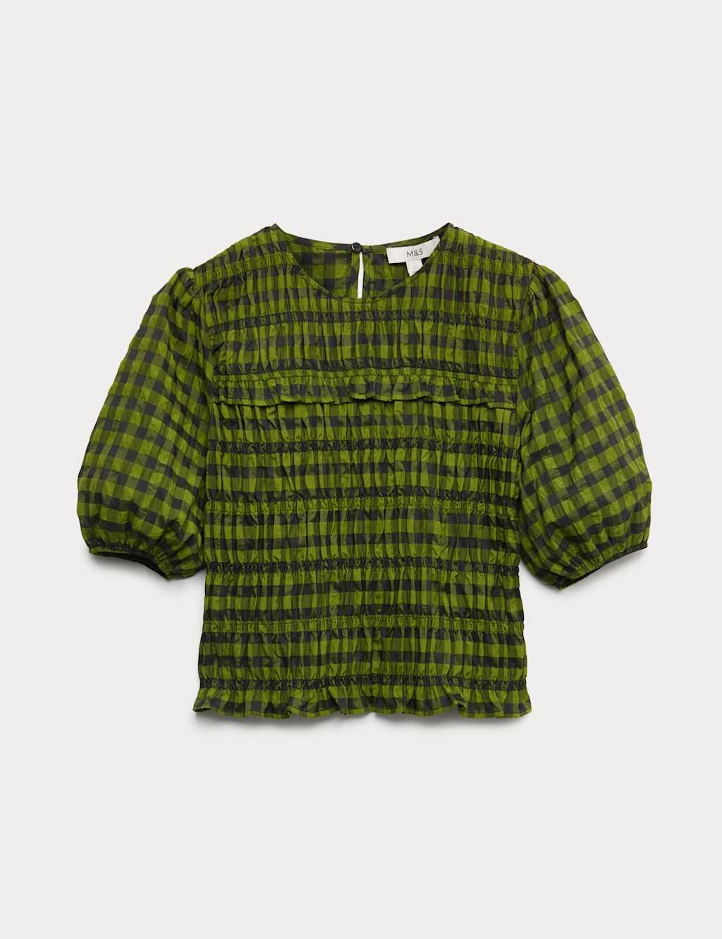 Marks & Spencer Womens Checked Short sleeved Round neck Top in Green Mix – M&S
