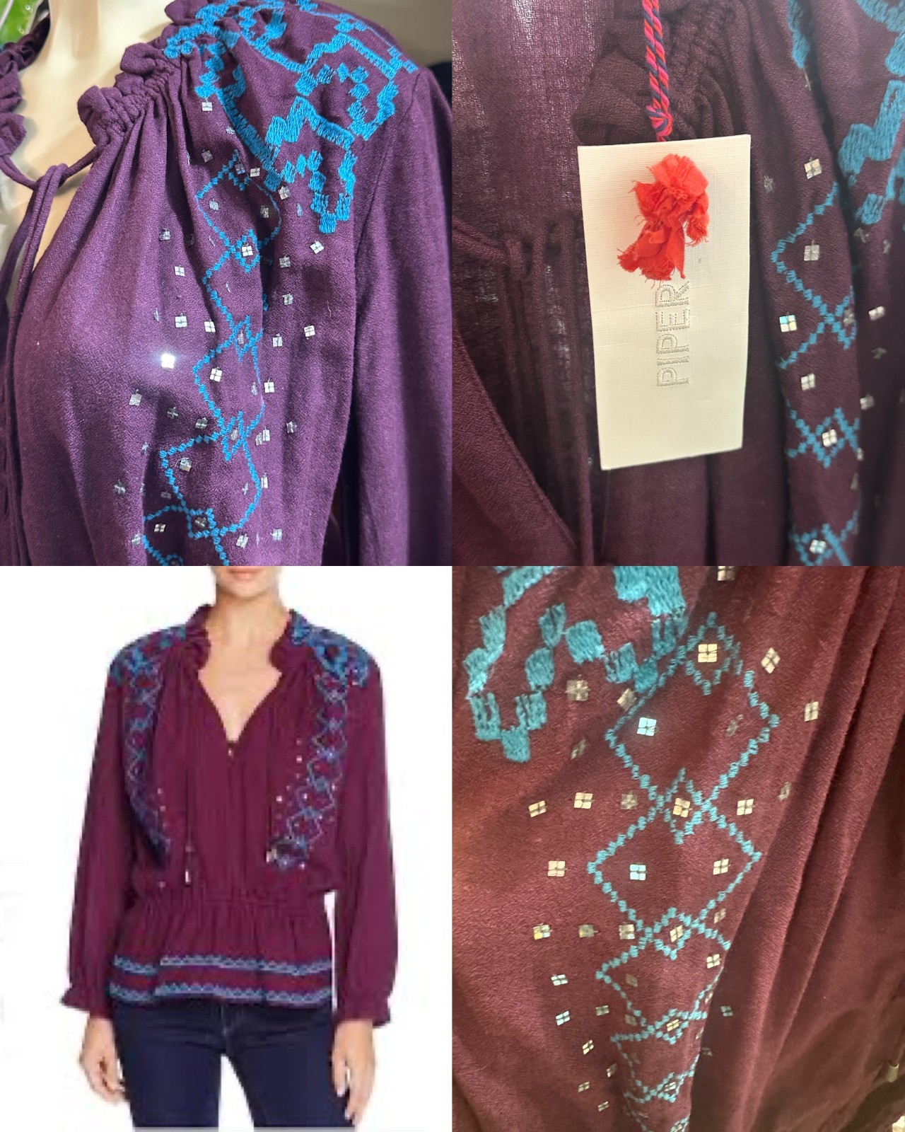 Piper by Townsen Women’s Plum Embroidered Embellished Peasant Top Size L #1147