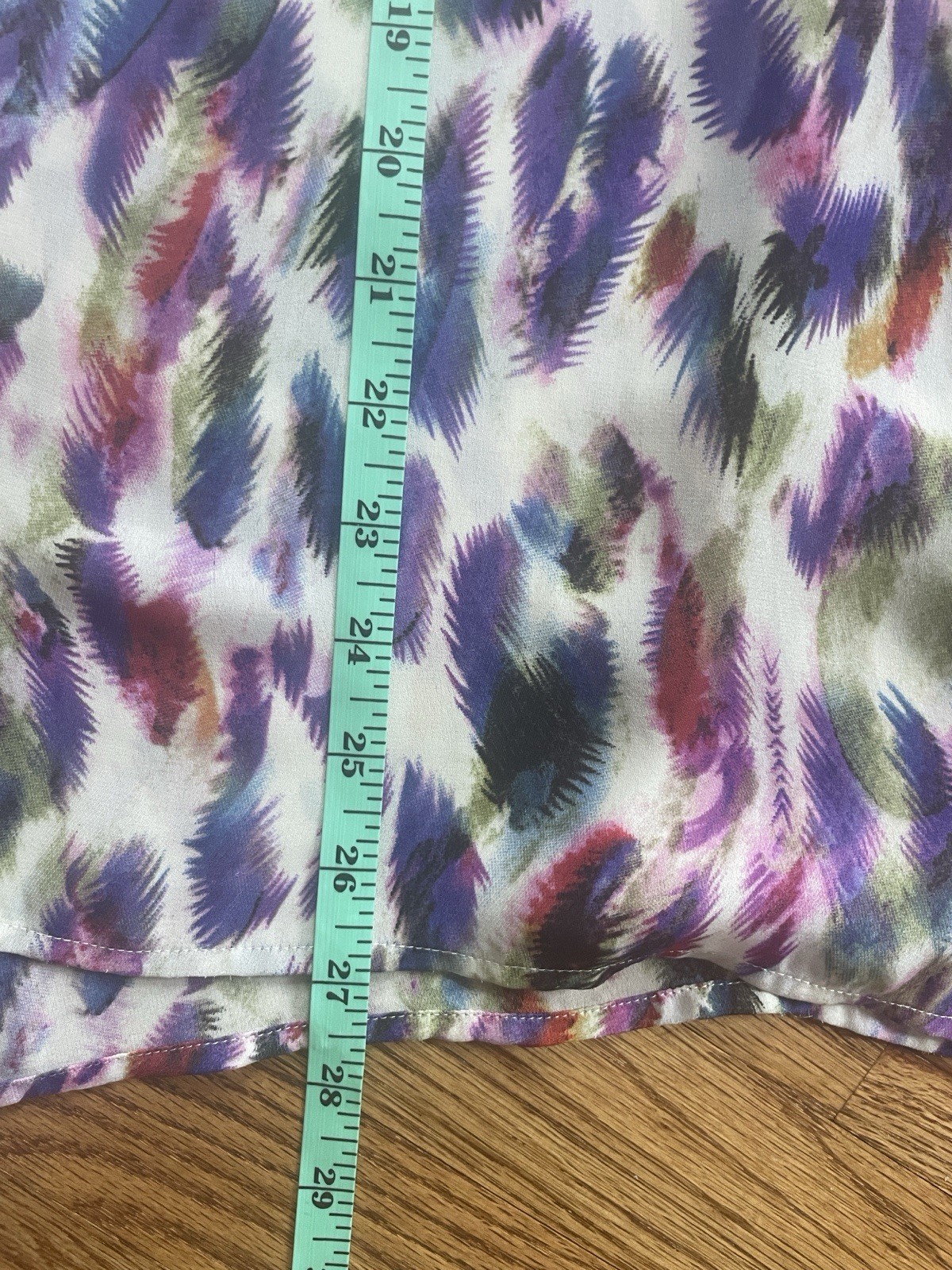 CAbi Cap Sleeve Plume Feather Blouse Size Small Purple Blue Green V Neck Top