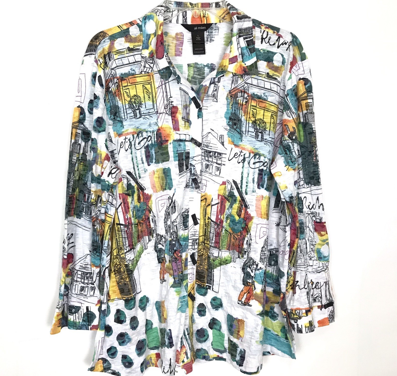 Ali Miles Artsy Love Explore A-Line Long Sleeve Button Tunic Shirt Large Travel