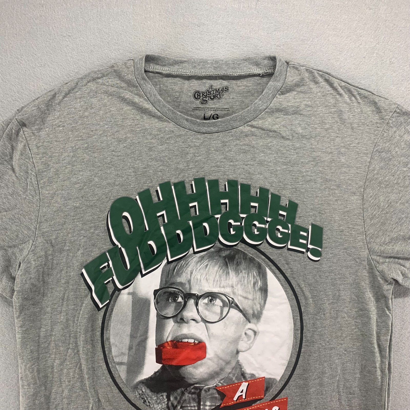A Christmas Story Shirt Womens Large Gray Graphic Short Sleeve Oh Fudge Movie