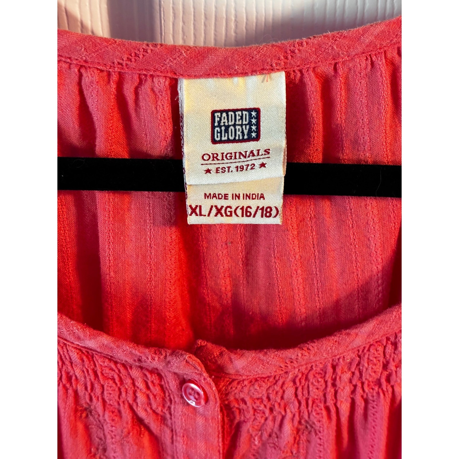 Faded Glory Red Embroidered Peasant Blouse 3/4 Sleeve Textured Stripe Top XL