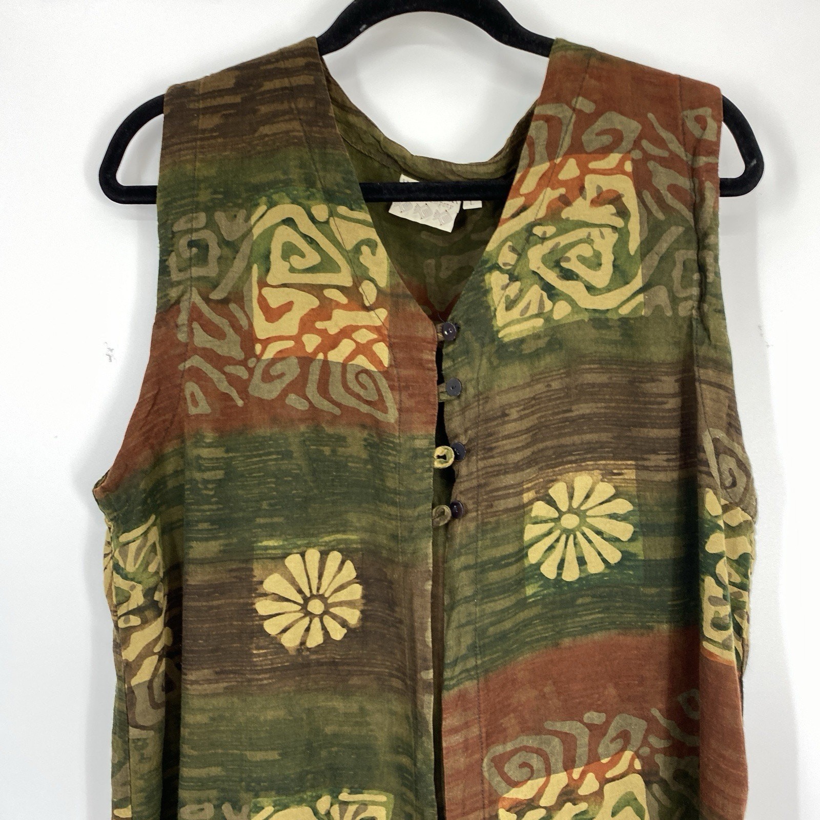 Wind River Boho Sleeveless Duster size Large Batik Floral Linen Blend Button Up