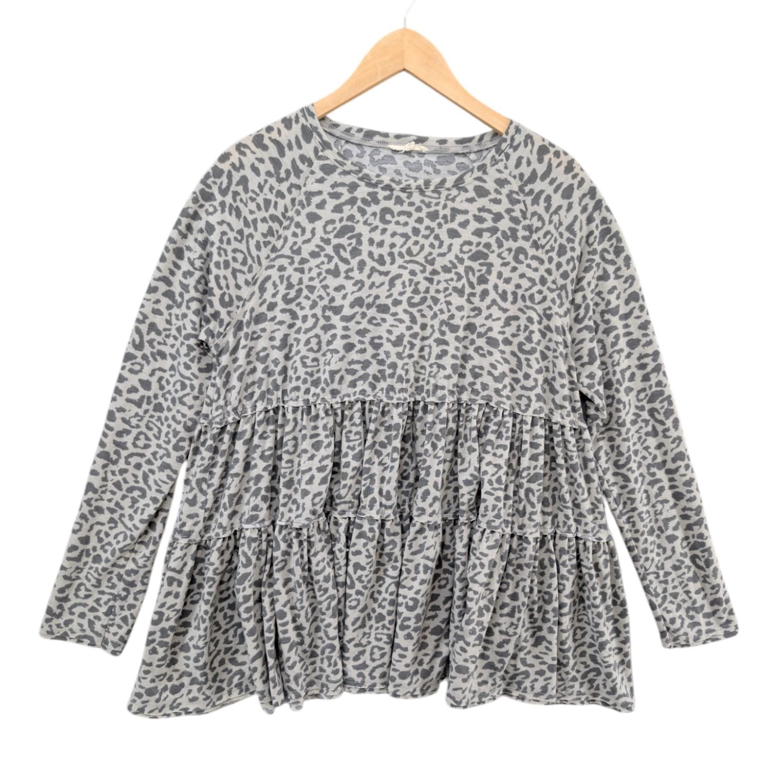 Easel Leopard Tunic Top Womens Grey Tiered Pleated Long Sleeve Boho Blouse Sz S