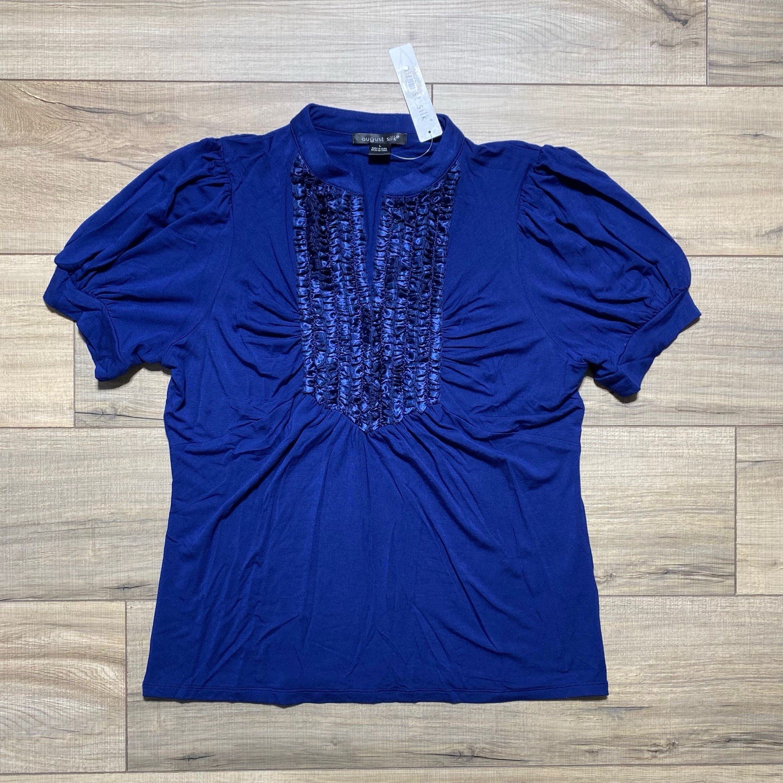 August Silk Womens Split Neck Short Sleeve Top With Ruched Details Large Blue