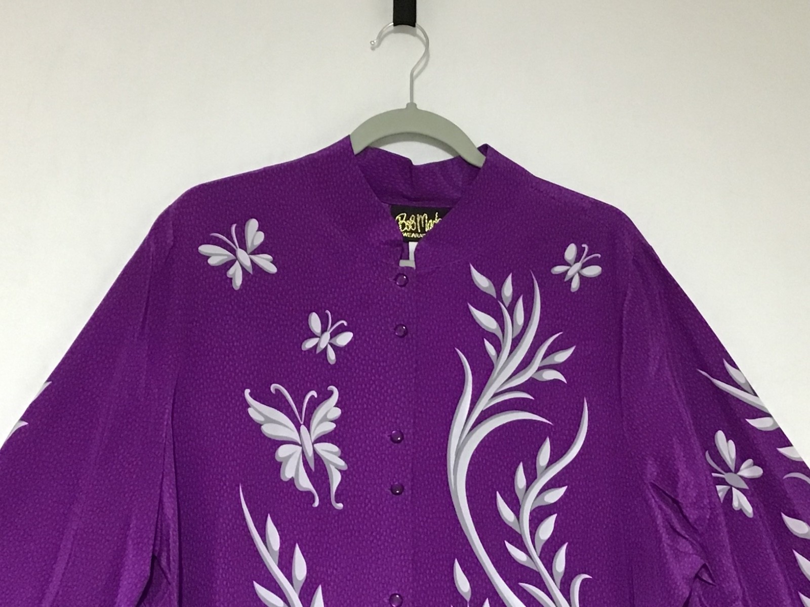 Vtg Bob Mackie Wearable Art Blouse 100% Silk Purple XL Butterflies Bird Artsy