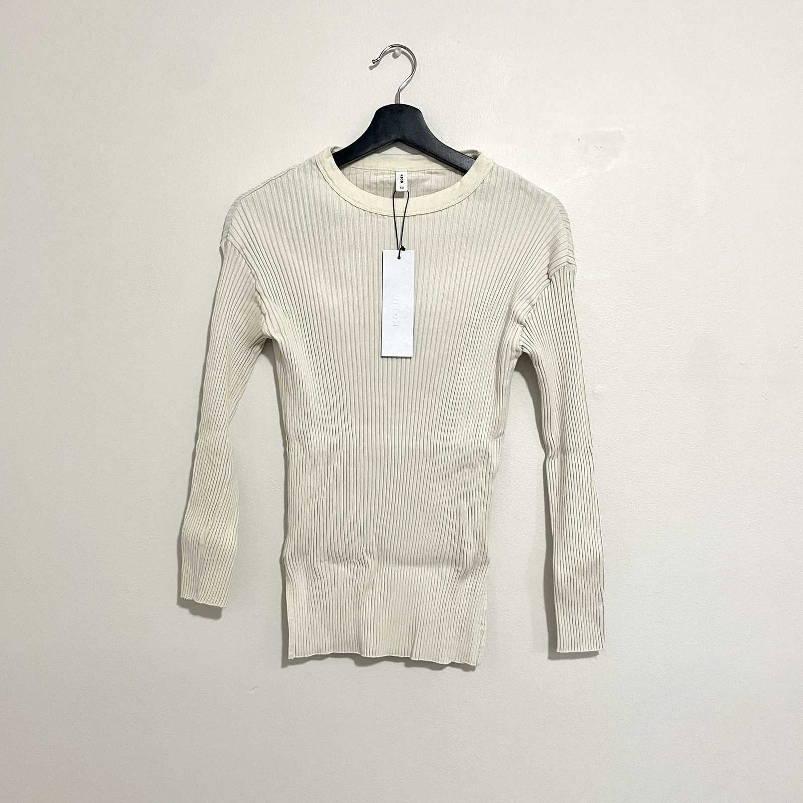 KOTN Ribbed Relaxed Fit Long Sleeve Crewneck Jersey Knit Tunic Top (Natural, XS)