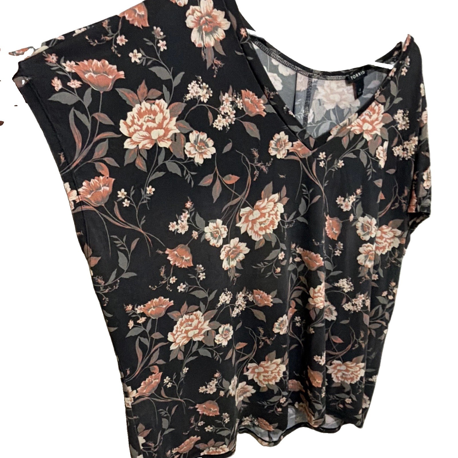 Torrid Floral V Neck Top Size 4 Black Peach Short Sleeve Pullover Blouse
