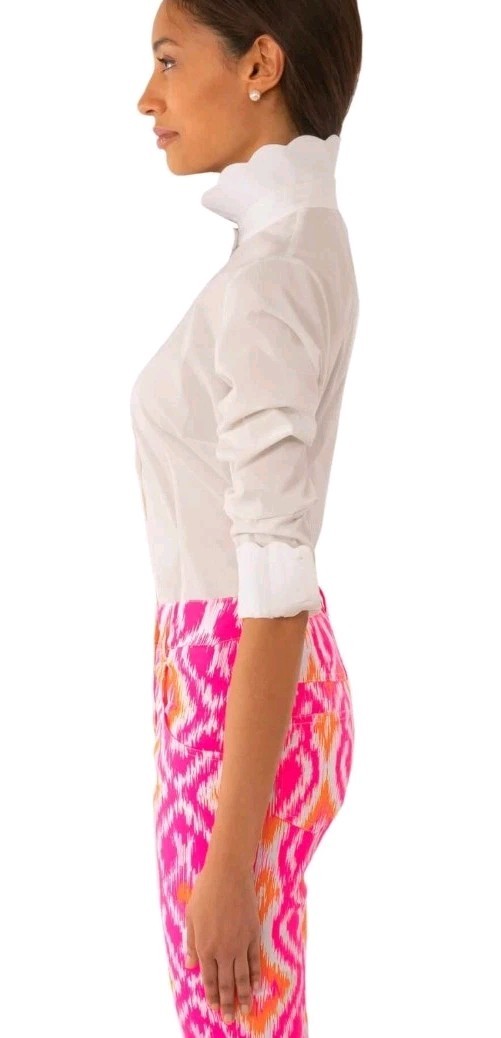 Gretchen Scott 100% CoTTON Blouse L Solid White Shirt Button UP SCALOPPED $149