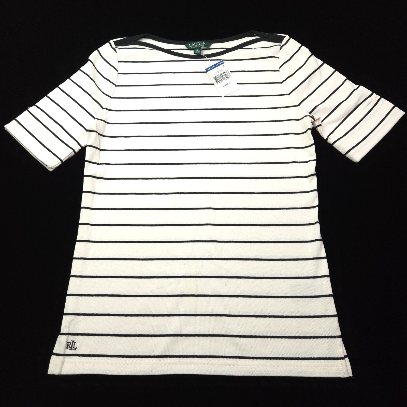 RALPH LAUREN WOMENS T-SHIRT L IVORY WHITE BLACK COTTON STRETCH SWEATER WARM BOAT