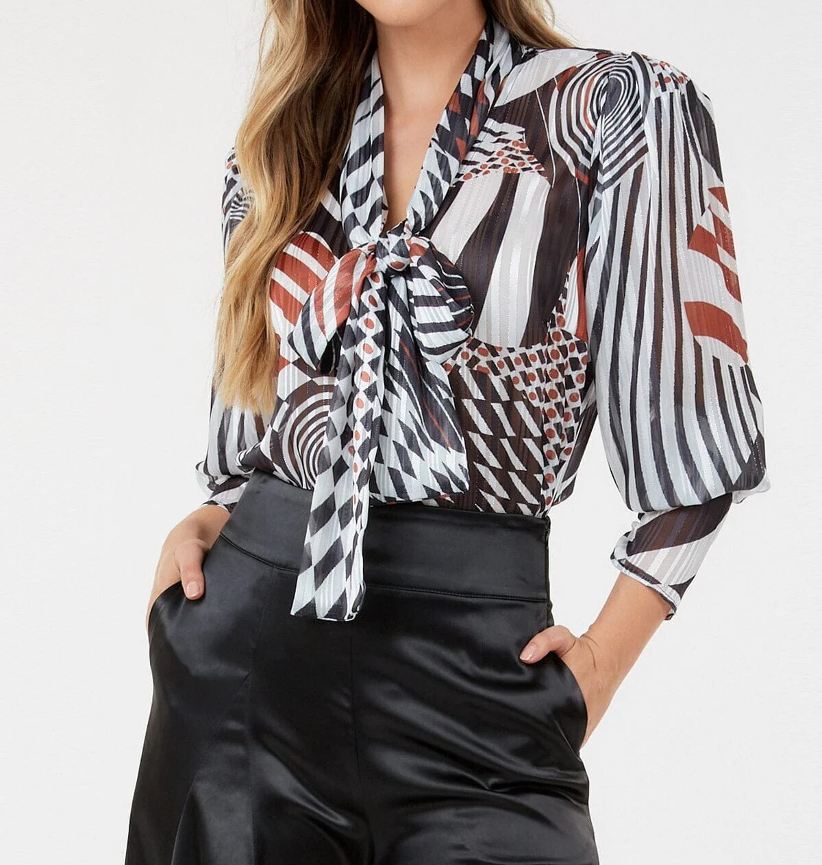 Multicolor Print Neck Tie Blouse