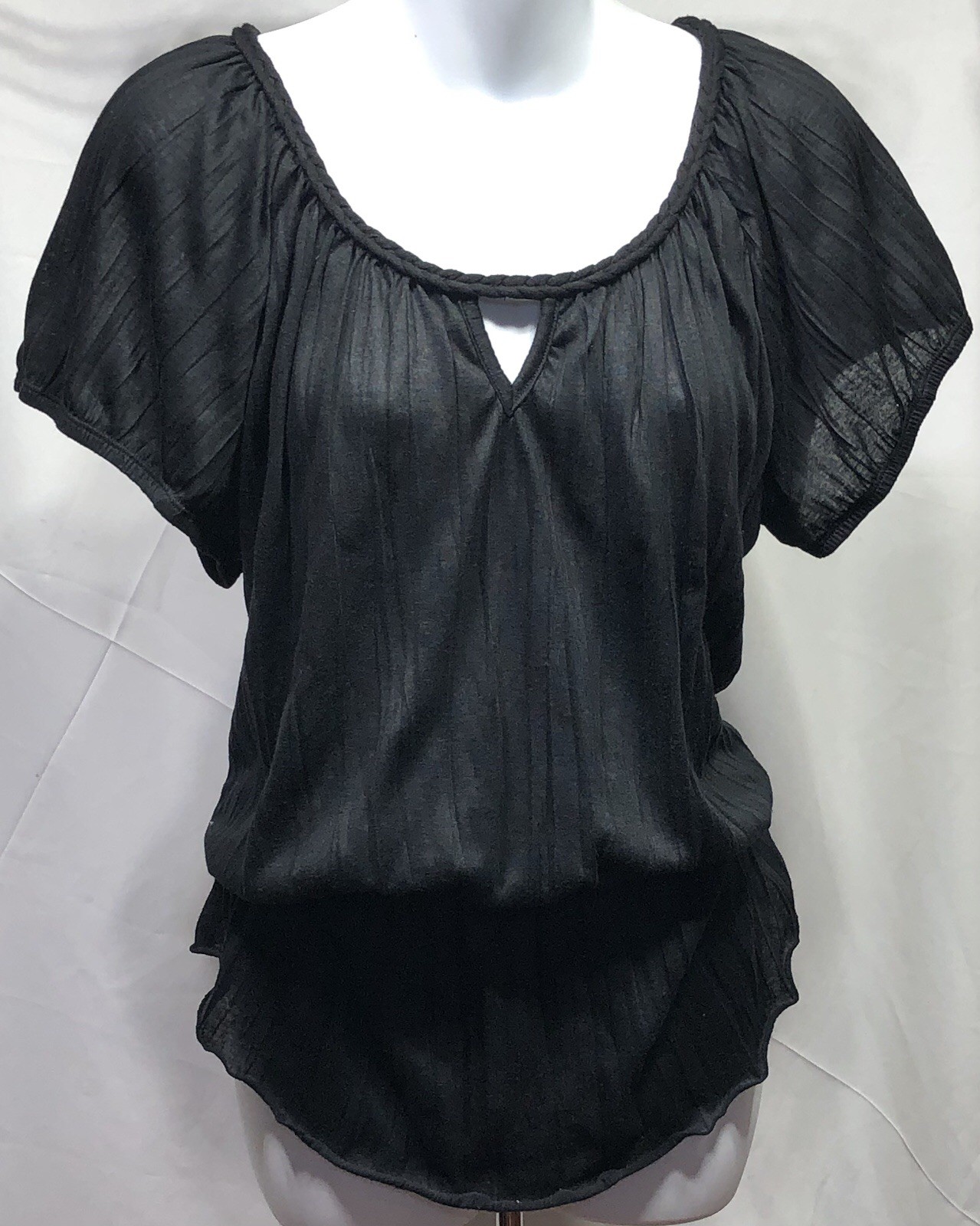 Mix & Co Blouson Top 1X Blk Braided Scoop Keyhole Neck ShortSleeve Whimsigoth