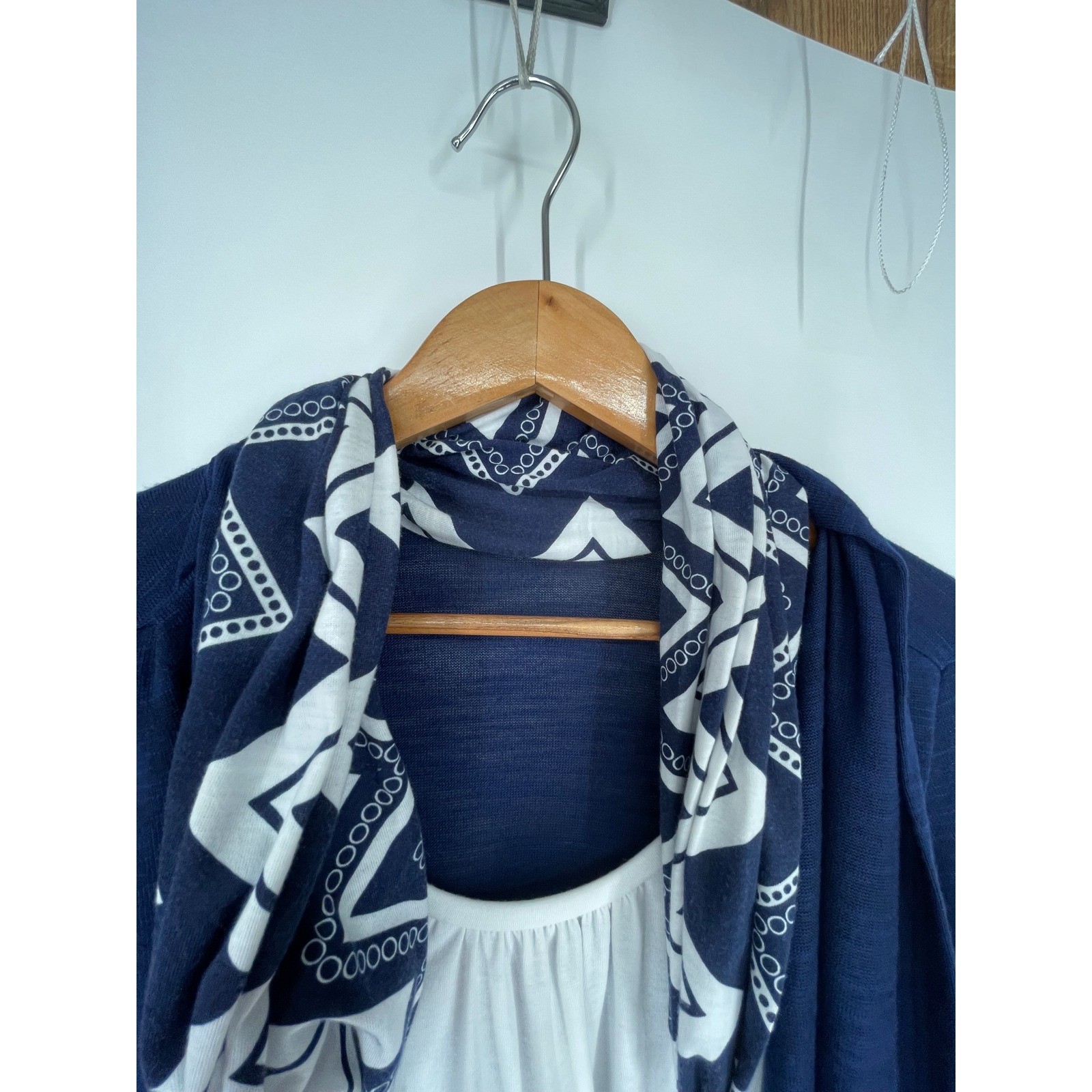Kim Rogers Women Top PS Cardigan 2-in-1 Navy Blue Scarf Beaded Necklace Tassel