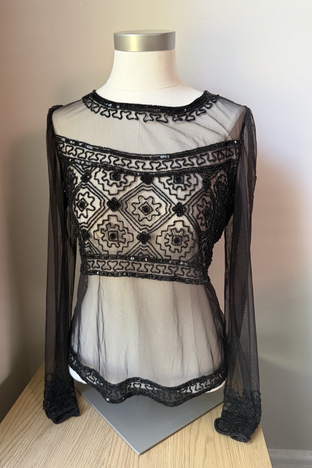 Vintage Y2K Goth Black Ornate Beaded Sequin Mesh Sheer Top Large
