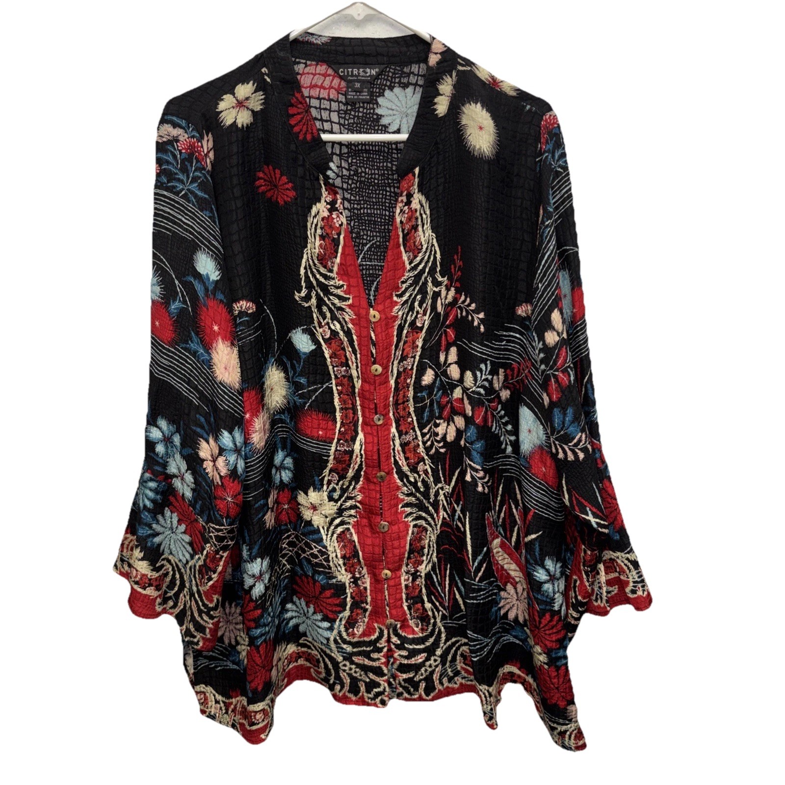 Citron Santa Monica Silk Blouse Top Black Floral 3X Buttons Slits Embossed