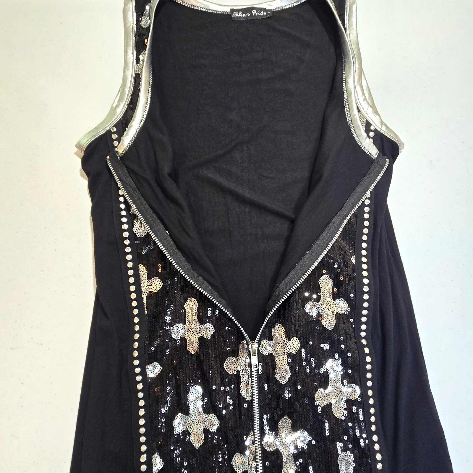 Bikers Pride Womens Black Sleeveless Zip Up Sequin Top w/ Crosses SIlver SZ L