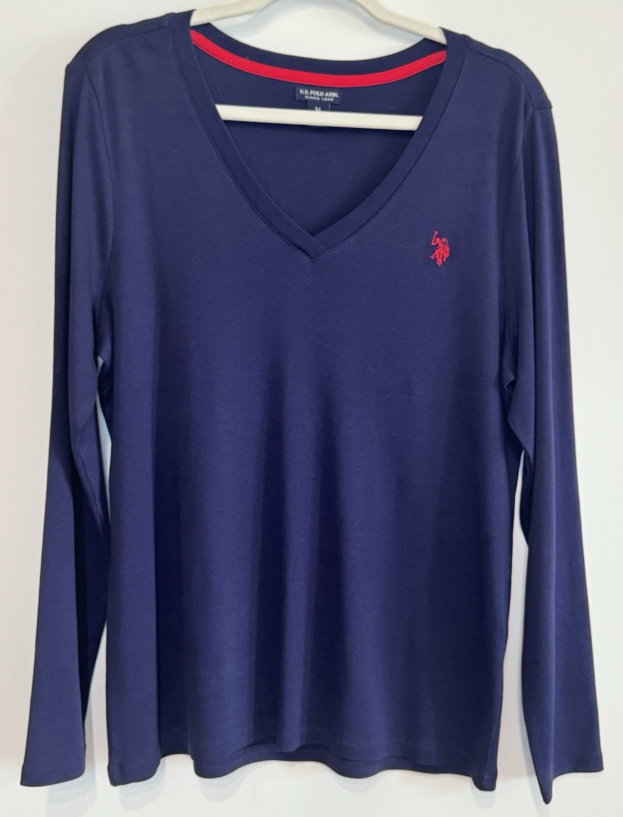 US Polo Assn. Women’s Blue and Red V-Neck Long Sleeve Top Size XL