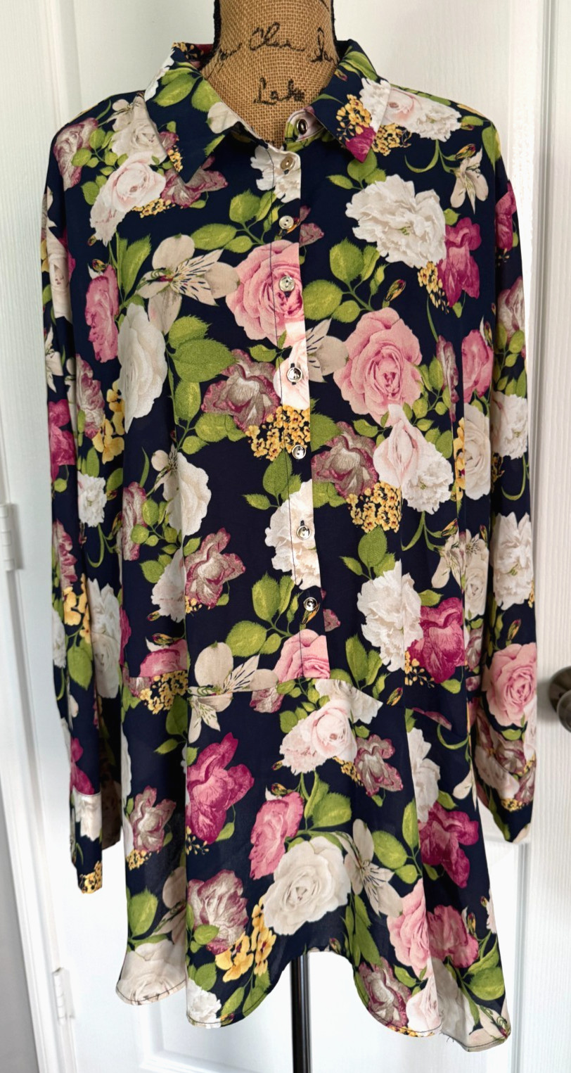 Cato Est 1946 Tunic Long Sleeve Button Front Black Multi Floral Roses 26 28 3X