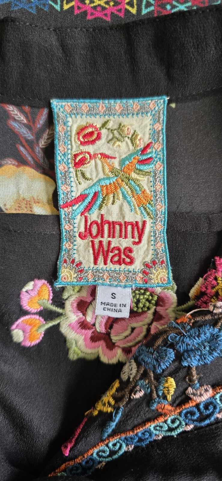 Biya by Johnny Was Lemona Black Embroidered Shift Dress Boho Floral Size S