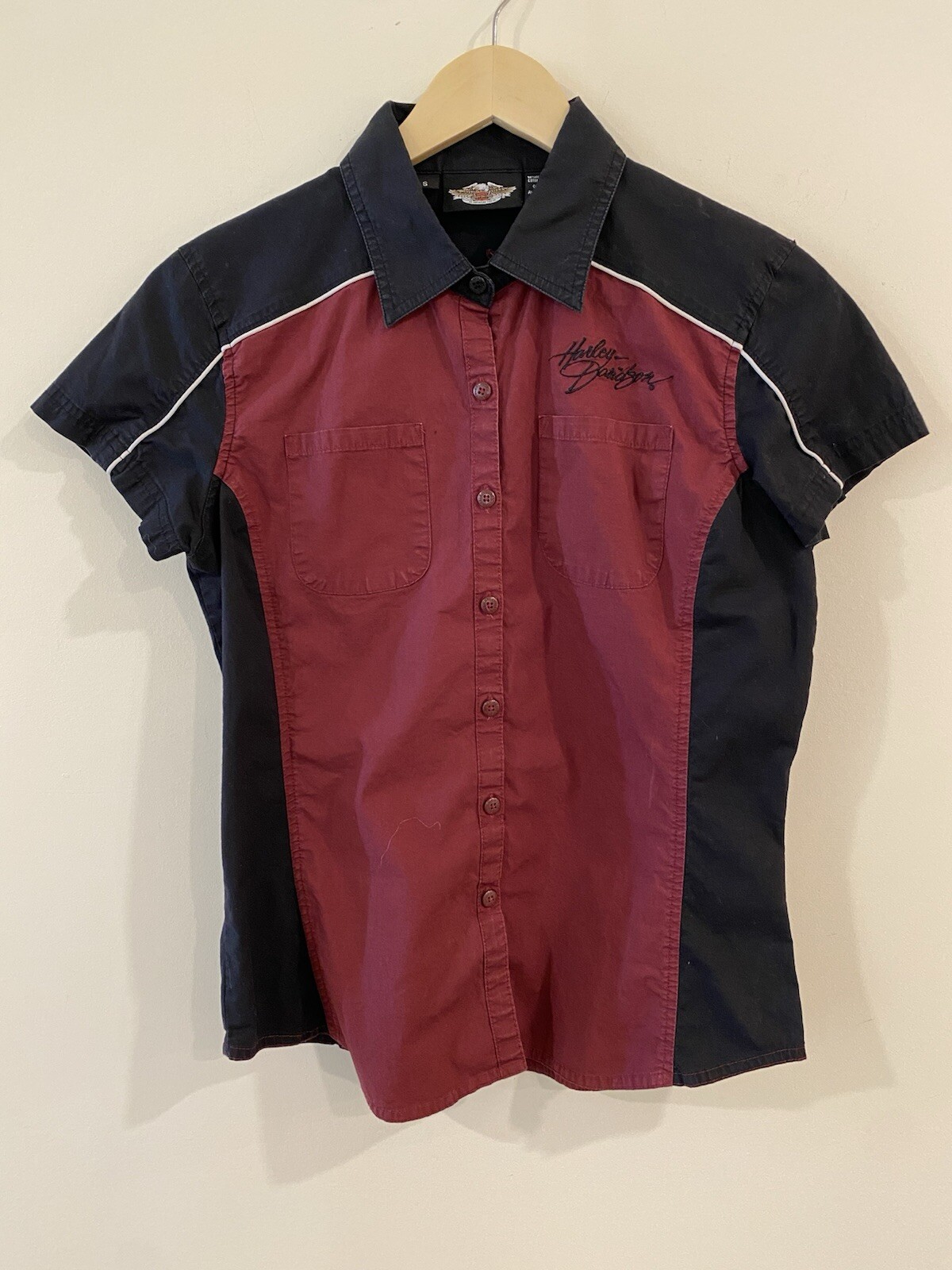 Harley Davidson Womens Small Mechanics Button Shirt Blouse Embroidered Spell Out
