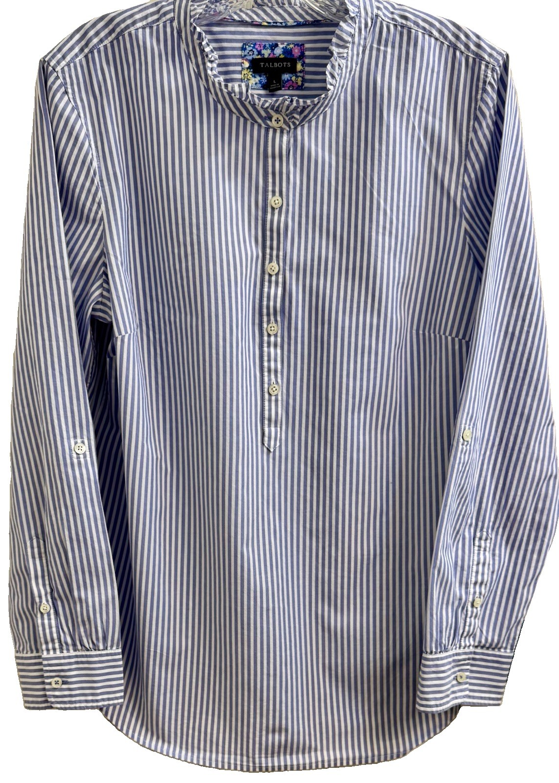 TALBOTS Blue & White Striped Coastal COTTON POPOVER Roll Tab Sleeves (L) NWOT