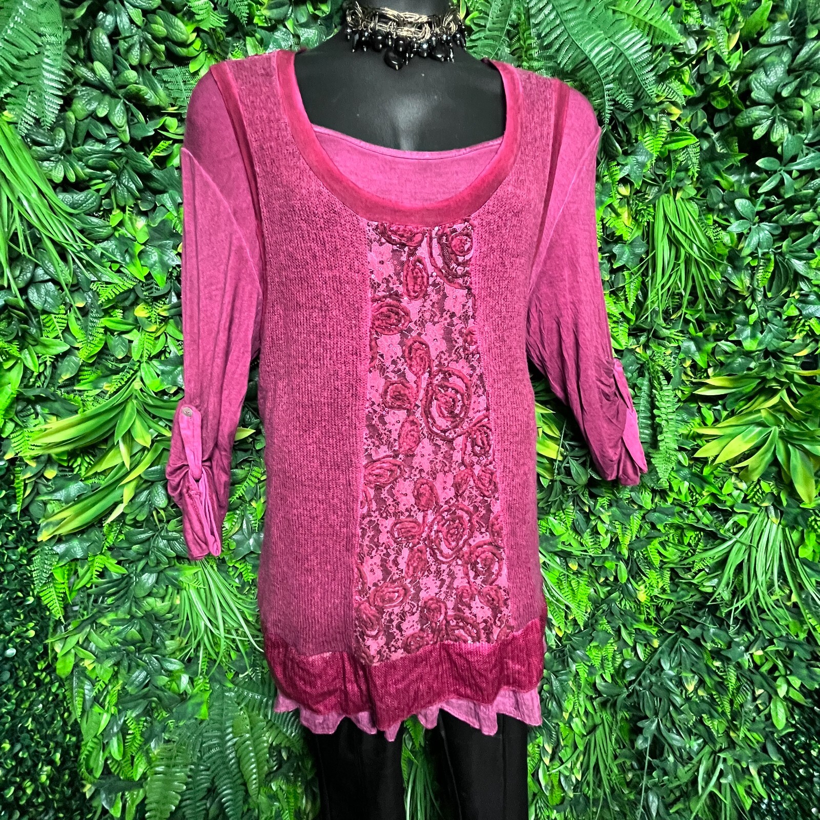 FANTAZIA Tops Women XL Wine Red Embroidered Sequin Lace Knit Blouse Detail 1247