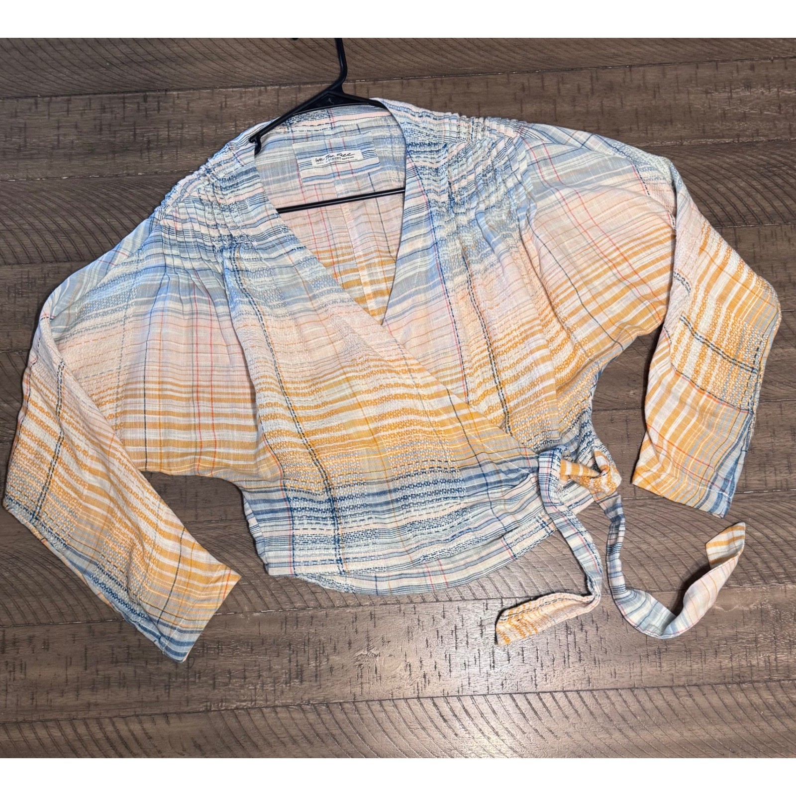 We The Free People Plaid Wrap Top Orange Blue Long Sleeve V-Neck Blouse Small