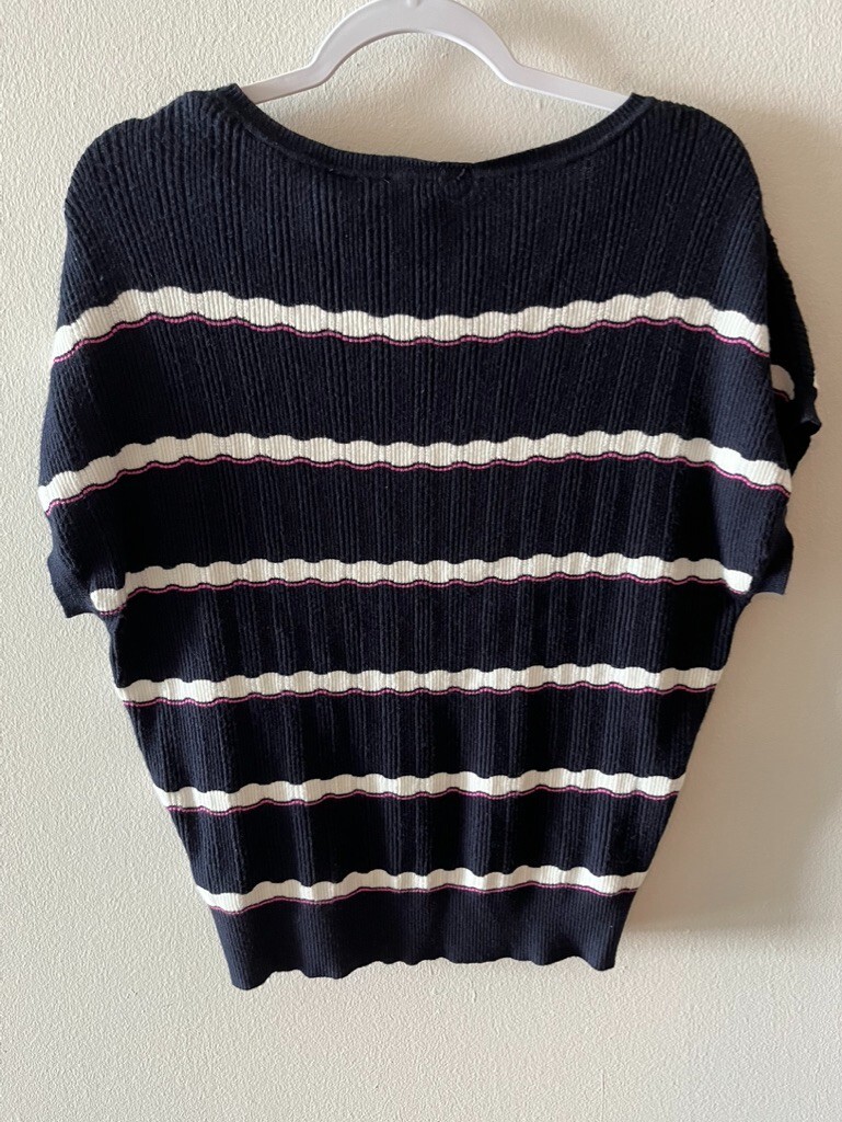 New with Tag! Tahari Knit Woven Navy Pink White Stripes Short Sleeve Viscose Top