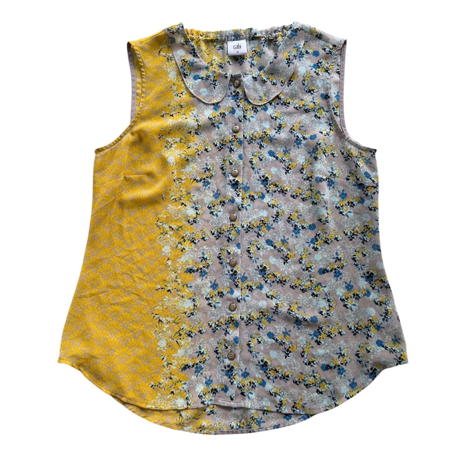 Cabi Womens M Yellow Blue Gray Mix Floral Button Sleeveless Offsides Blouse 5221