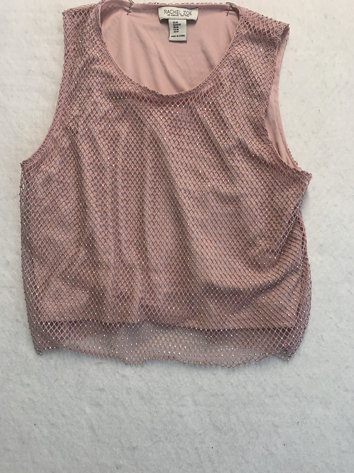Rachel Zoe Rhinestone Fishnet Tank Top Medium Blush Pink Festival Glam