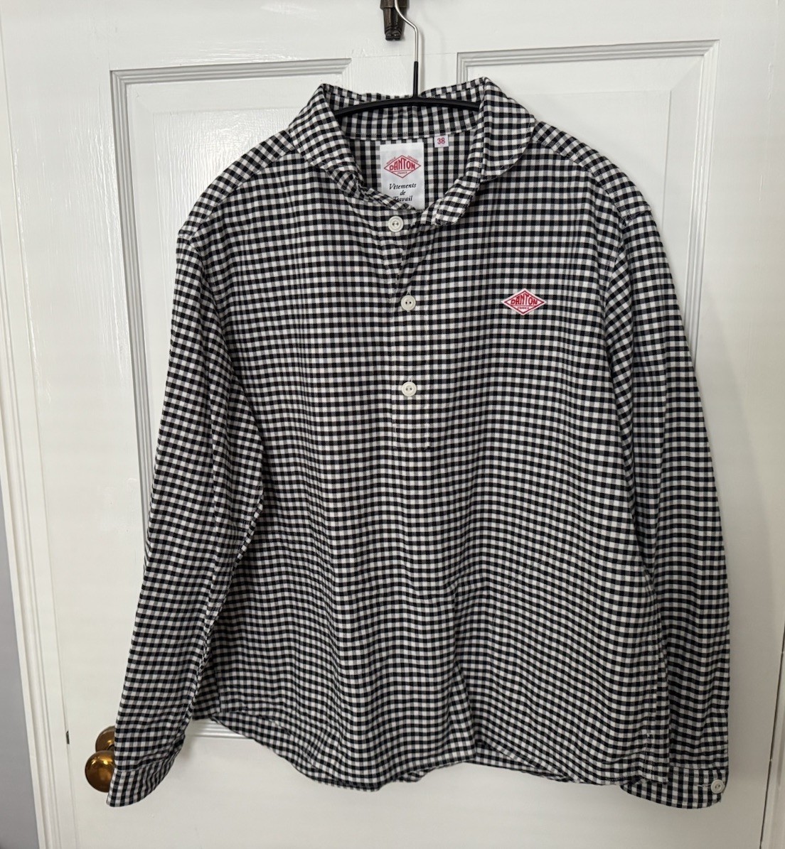Danton Round Collar Pull Over Cotton Twill Shirt — Black x Ecru Gingham – 38