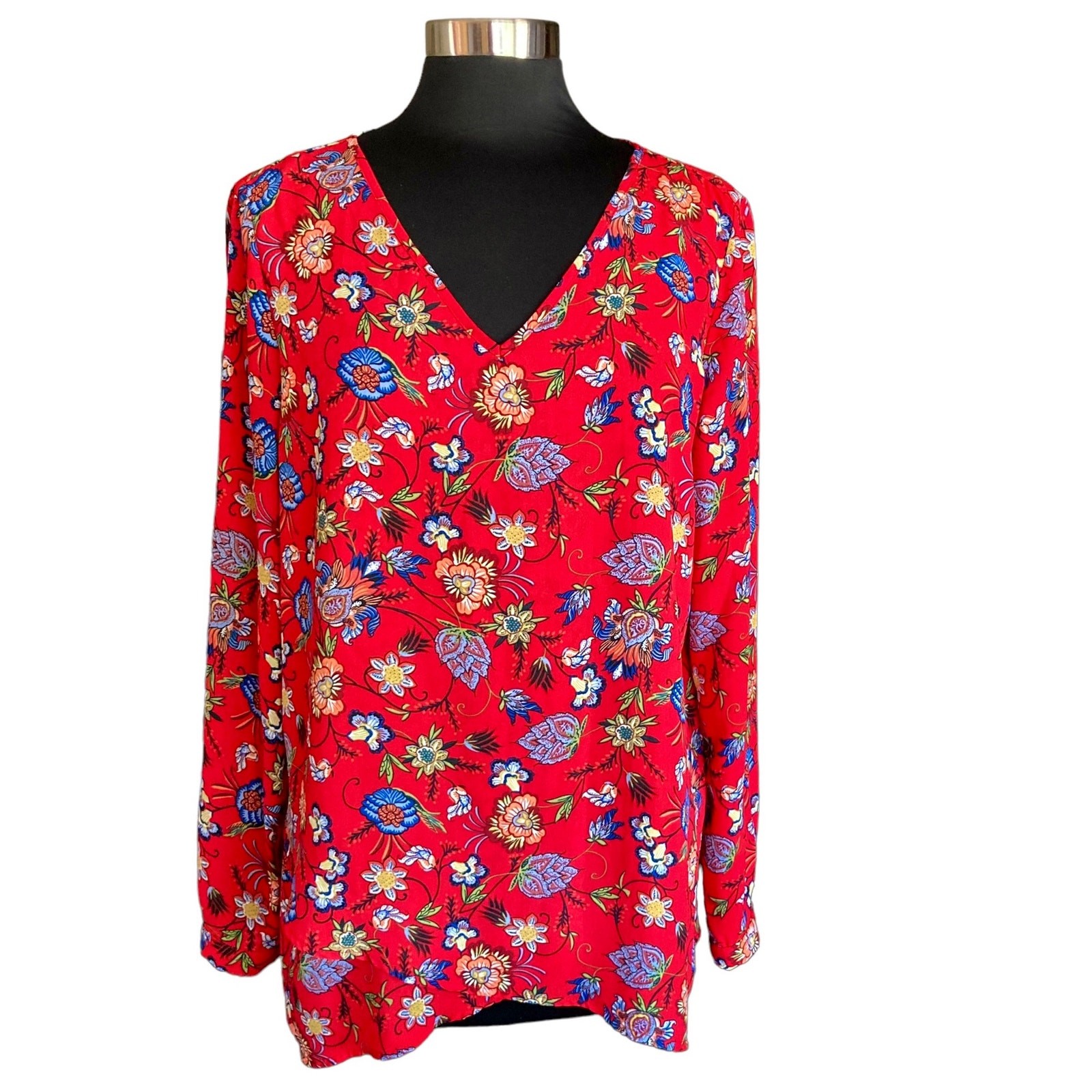Chelsea & Theodore Red Floral Print Tunic Top Long Sleeves Layer Lagenlook Large