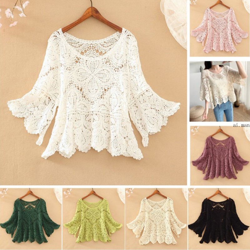 Women Crochet Crop Top Half Sleeve Hollow Bolero Shrug Shawl Sun Protection Top