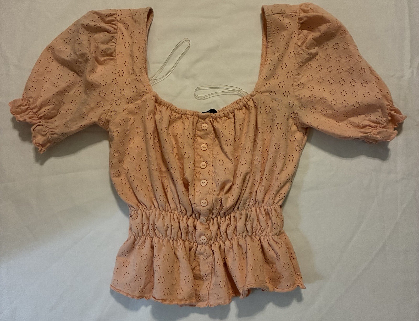 Peach / Coral Smocked Eyelet Puff Short Sleeve Square Neck Crop Cotton Blouse M