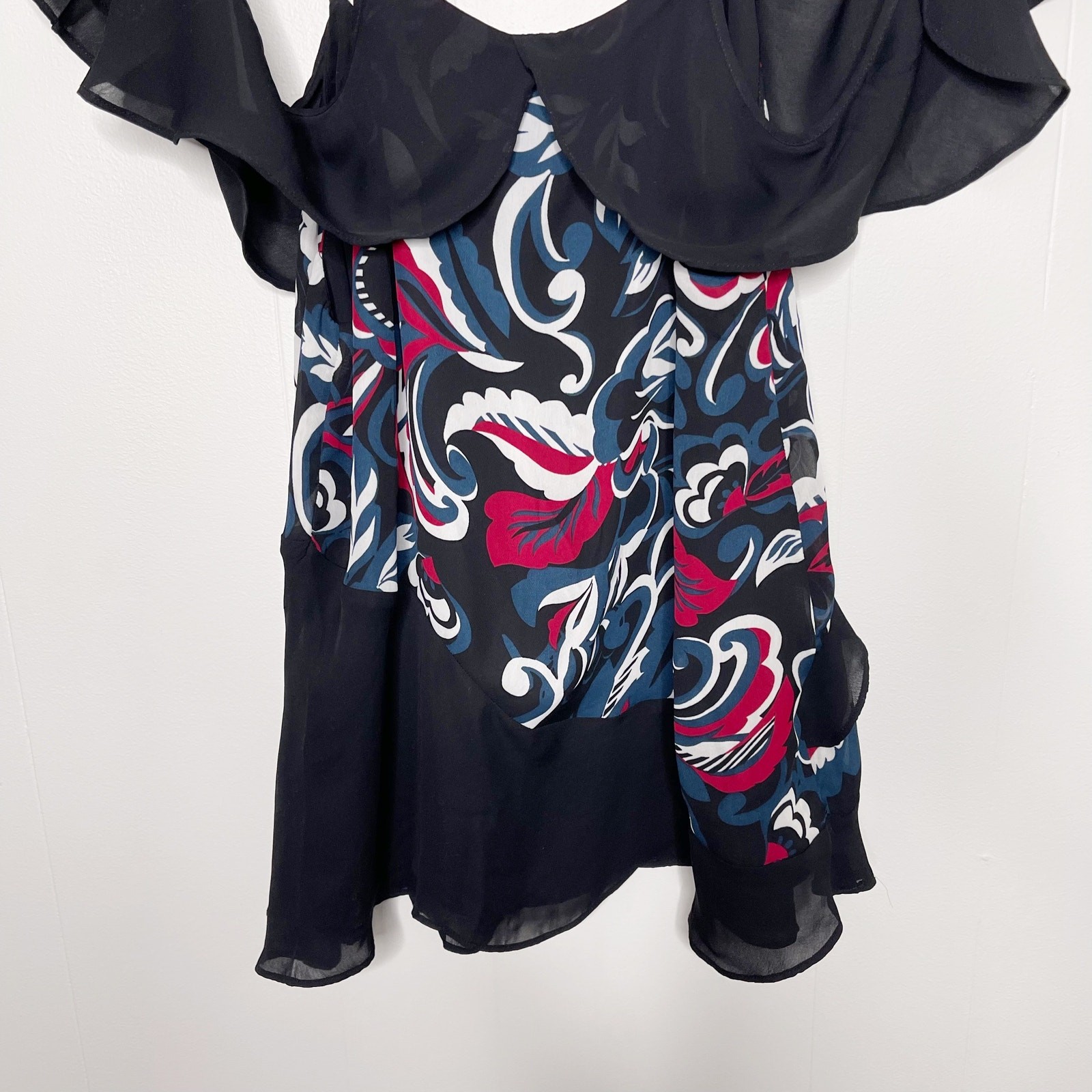 Parker Draped Sleeve Blouse Cold Shoulder Ruffle Pieced Paisley Print Black M