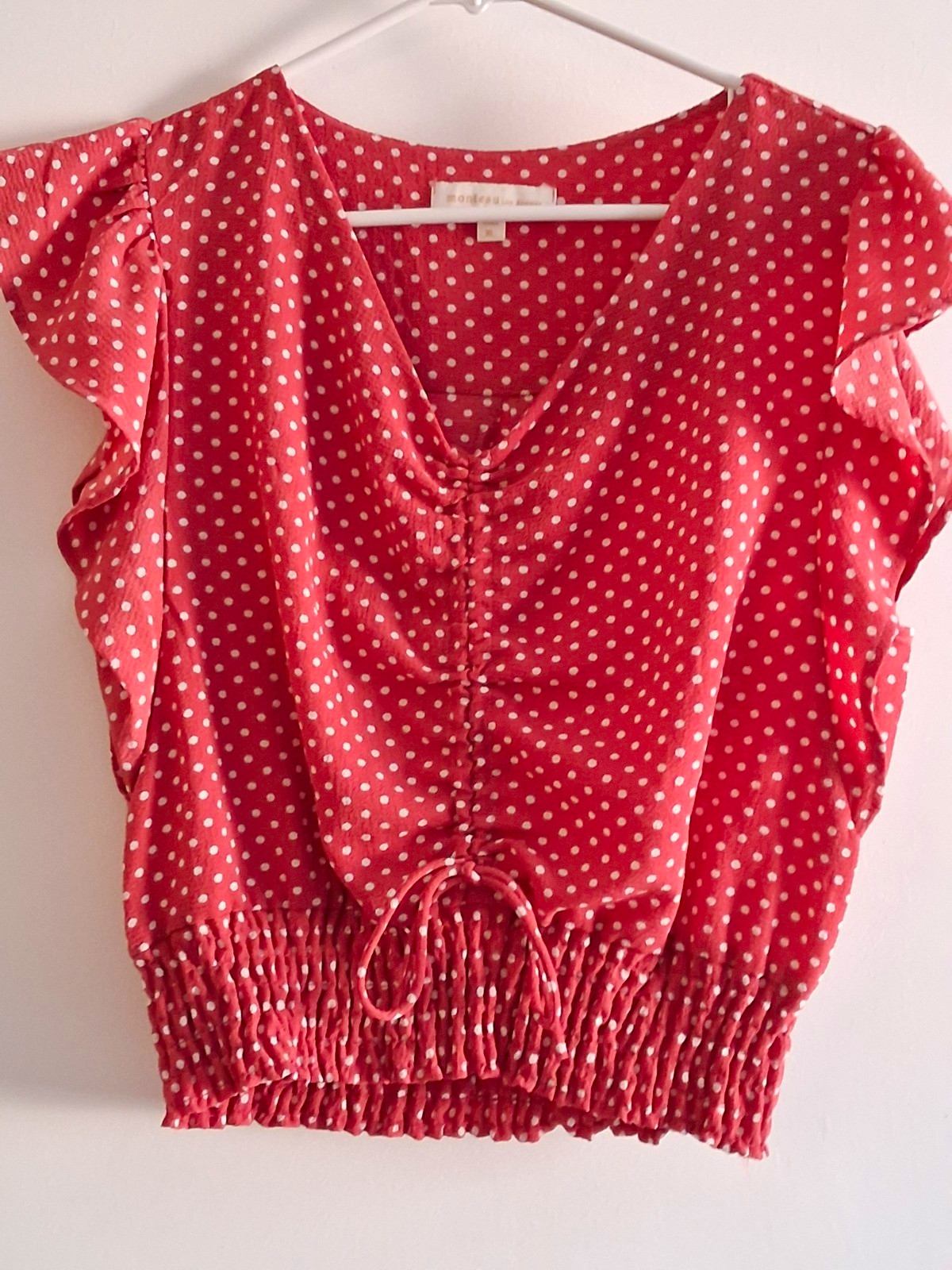 Monteau Los Angeles Red & White Polka Dot V-Neck Flutter Sleeve Tie Blouse XL