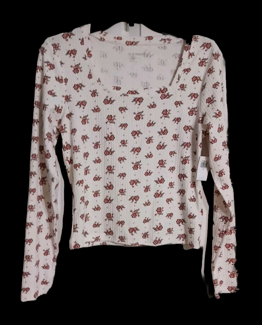 NWT Women’s Old Navy Fitted Square Neck Rib Knit Tee Size L 12-14 Orange Floral